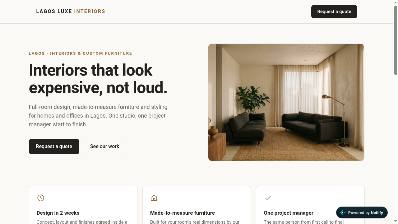 Lagos Luxe Interiors website homepage